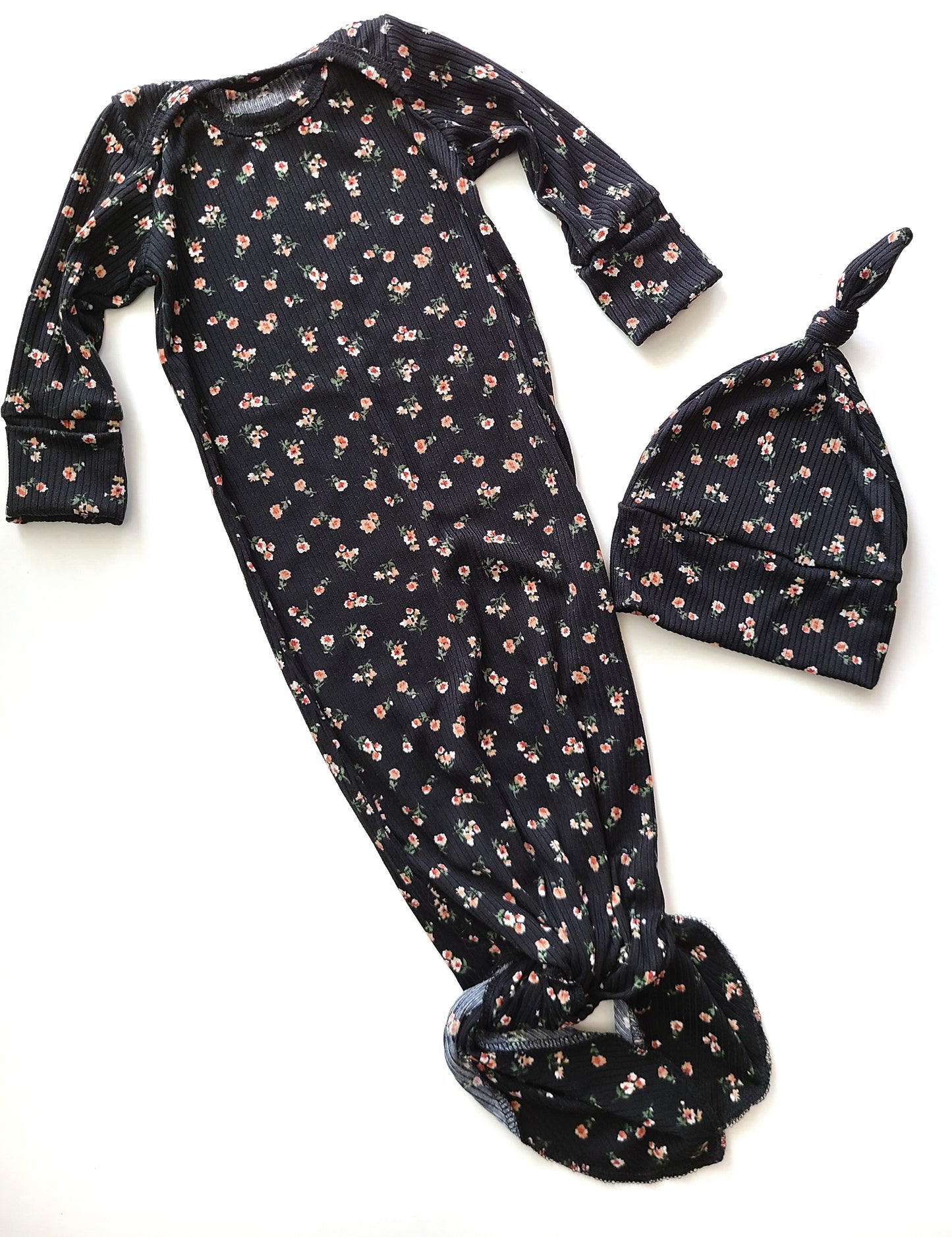 Floral Ribbed Knotted Gown and Top Knot Hat