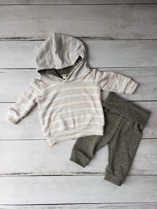 Oatmeal & Olive Stripe Hoodie & Jogger Set