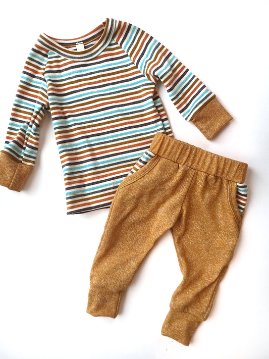 Mustard & Retro Stripes Crew & Pocket Jogger Set